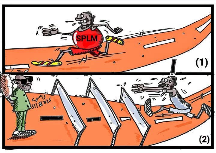 Two-panel cartoon: a runner marked SPLM follows an open road; another runner faces hurdles while a uniformed figure watches.