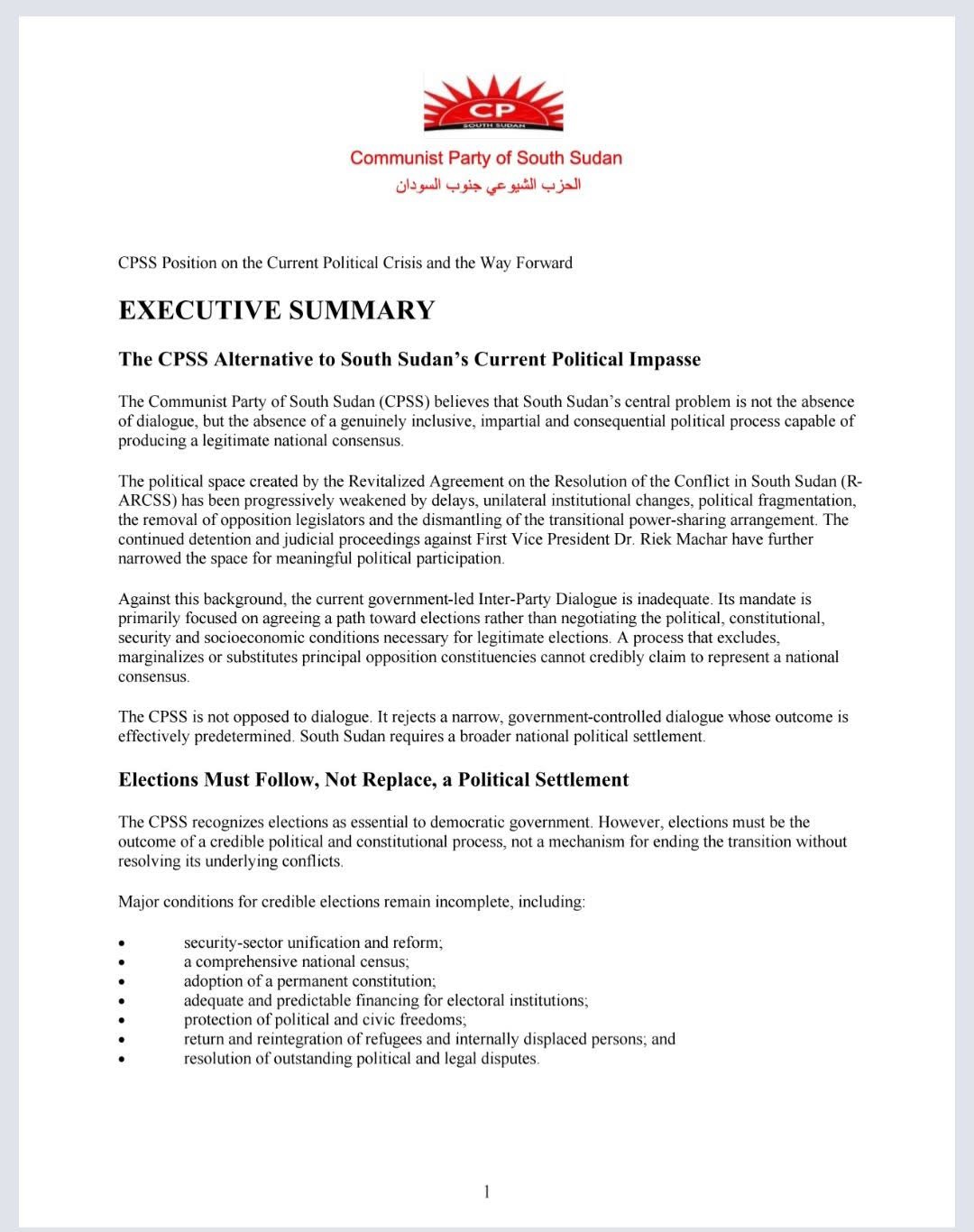 First page of supplied CPSS executive summary headed Position on the Current Political Crisis and the Way Forward