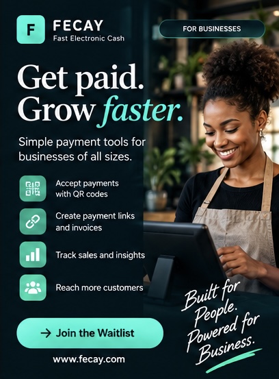 FECAY Fast Electronic Cash promotional artwork: Connecting People. Moving Opportunities. Join the waitlist at fecay.com