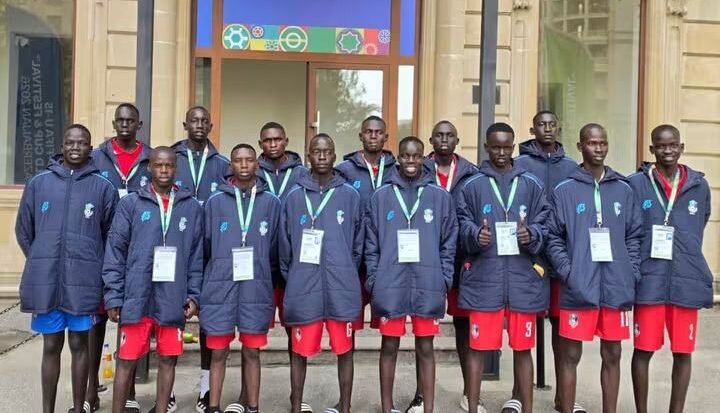 South Sudan U-15 delegation photograph accompanying One Citizen Daily’s arrival report, which cites SSFF. Original photographer not identified.