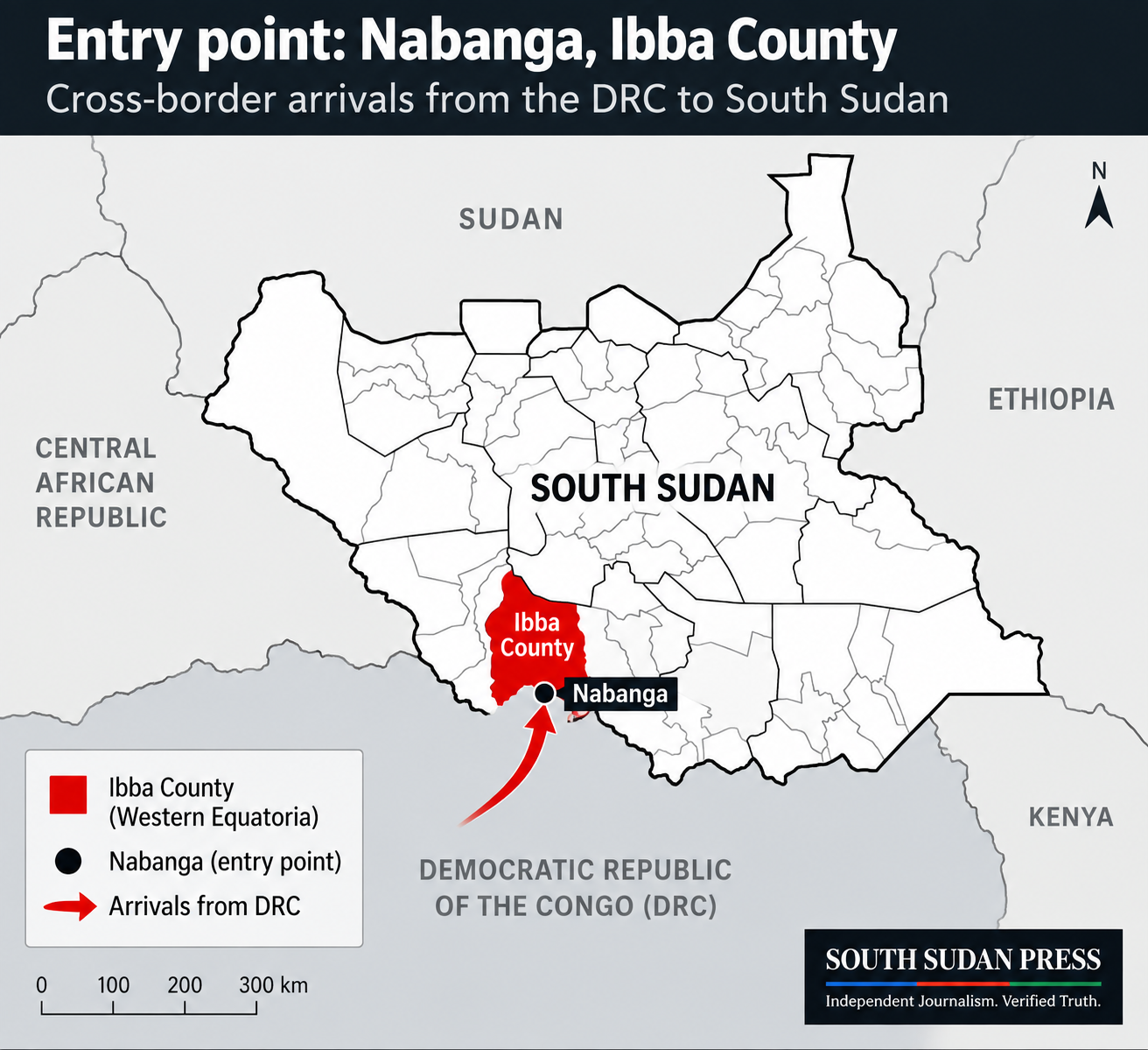 South Sudan Press map showing Nabanga and Ibba County near the DRC border