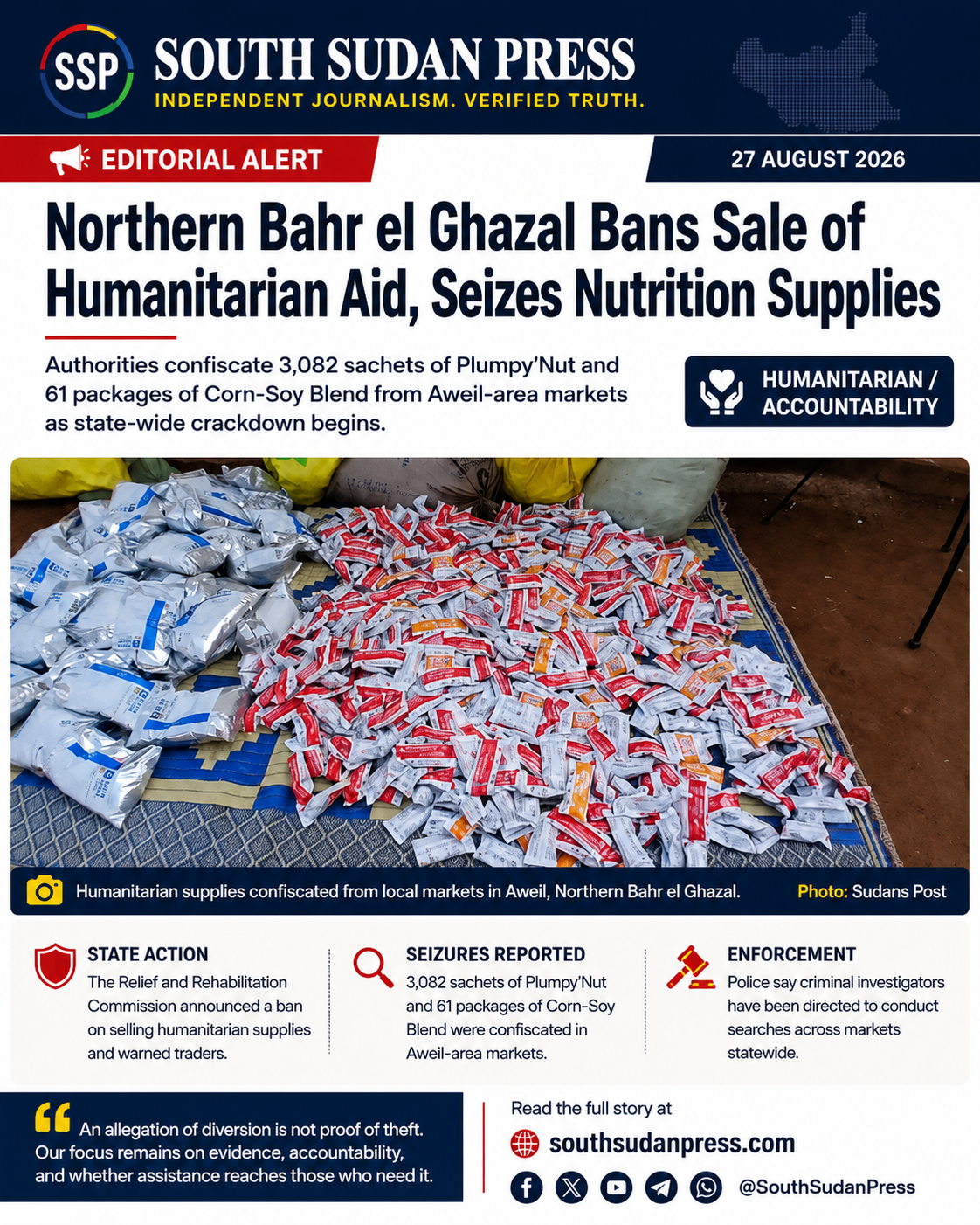 South Sudan Press editorial card about confiscated humanitarian nutrition supplies in Northern Bahr el Ghazal