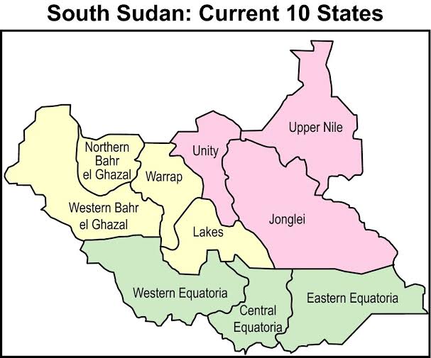 Map showing South Sudan's ten states