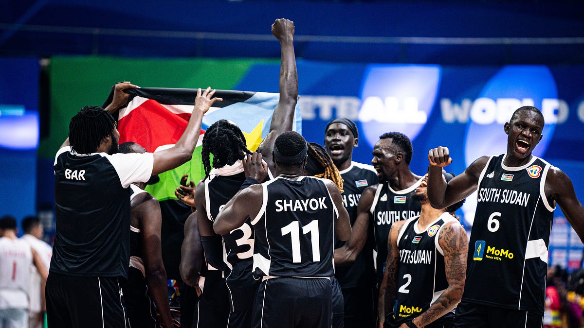 South Sudan Bright Stars basketball team celebrating