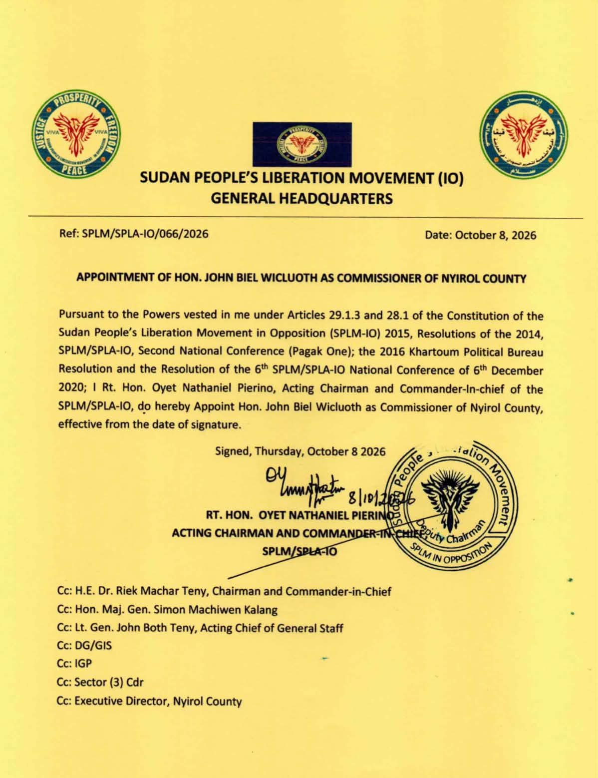 Supplied image of an order attributed to Oyet appointing John Biel Wicluoth as Nyirol commissioner