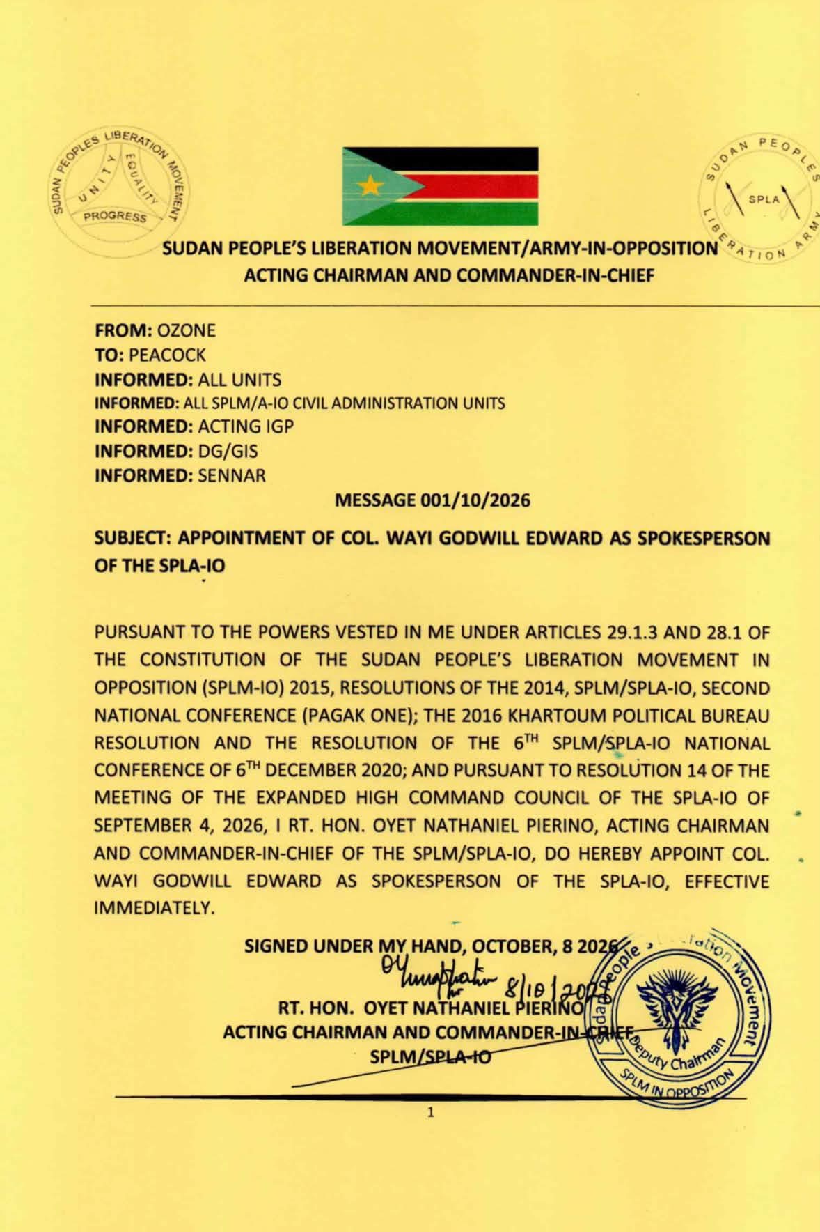 Supplied image of an order attributed to Oyet appointing Wayi Godwill Edward as SPLA-IO spokesperson