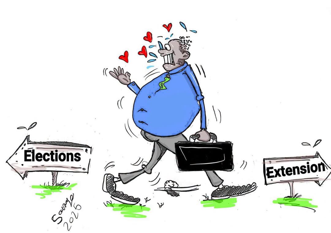 Solongo cartoon between Elections and Extension signs