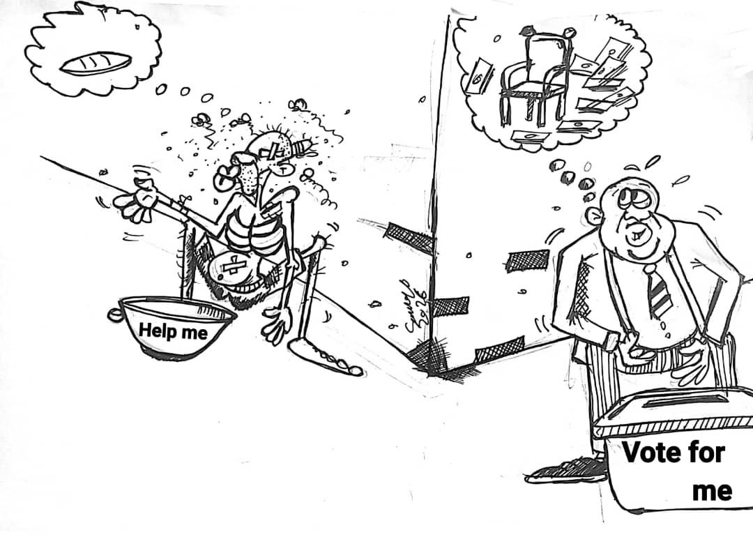 Solongo cartoon: a person holds a bowl marked Help me while a suited figure holds a box marked Vote for me