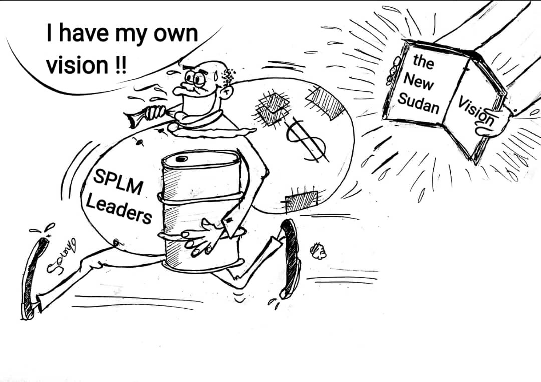 Solongo cartoon contrasting a leader’s vision with The New Sudan Vision