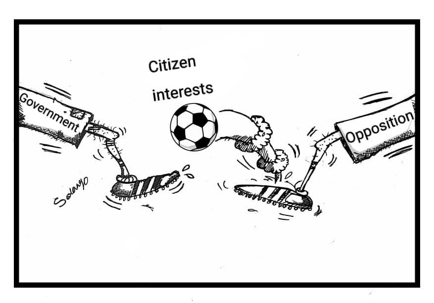 Solongo cartoon: government and opposition boots contest a football labelled citizen interests