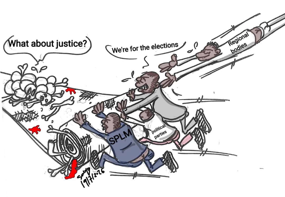 Solongo cartoon: parties and regional bodies race toward elections while a wounded figure asks what about justice