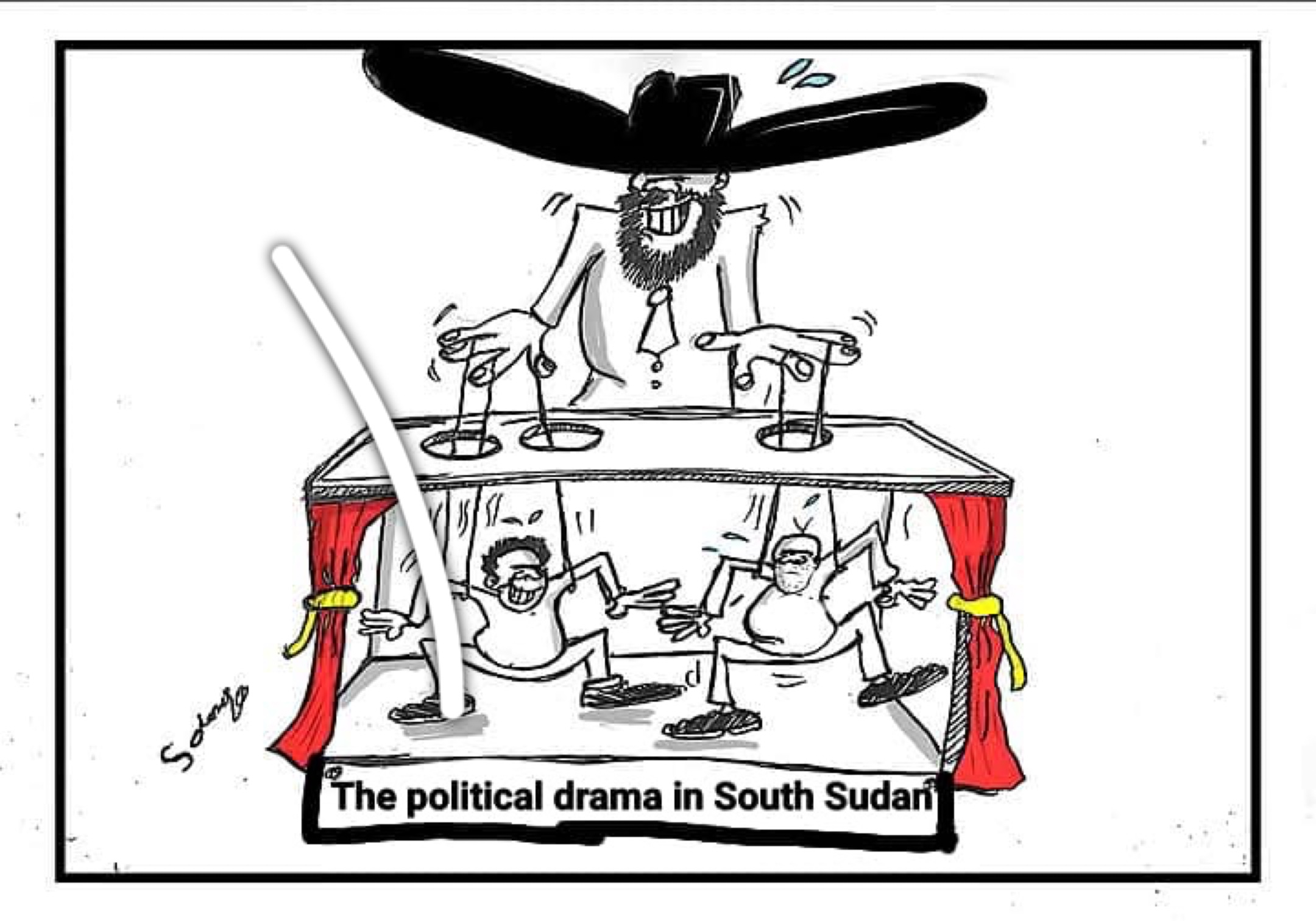 Solongo cartoon of a puppet master above the political drama in South Sudan