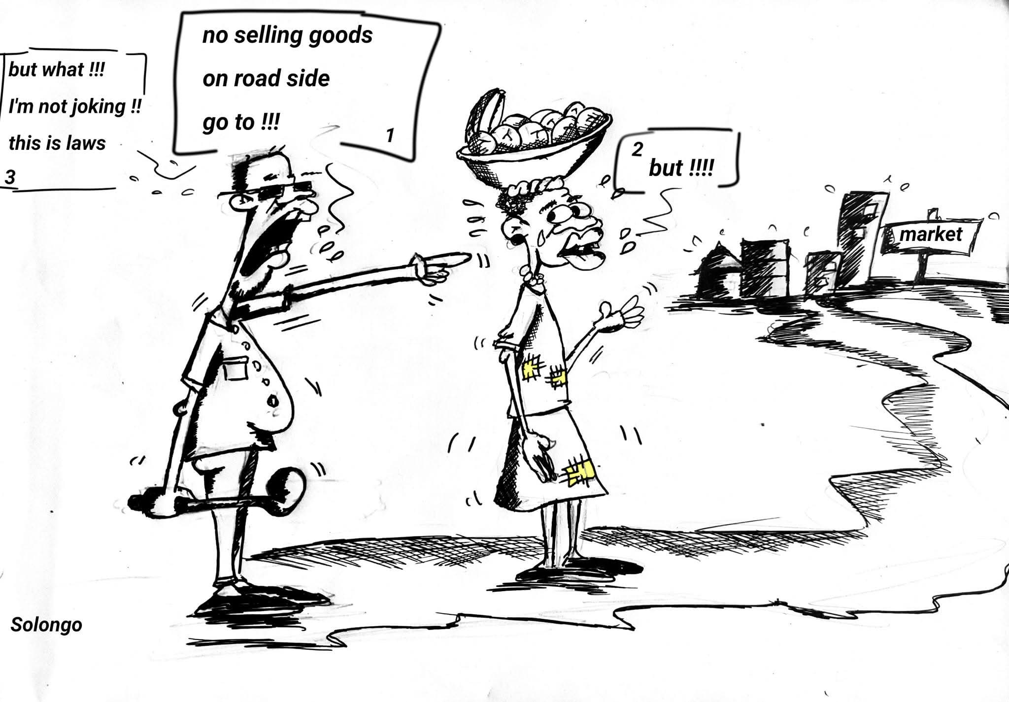 Solongo cartoon questioning where a roadside vendor can sell after being told to move