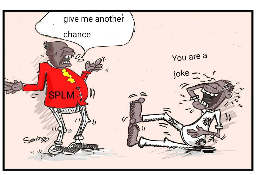 Solongo cartoon: a figure labelled SPLM asks for another chance while another figure laughs