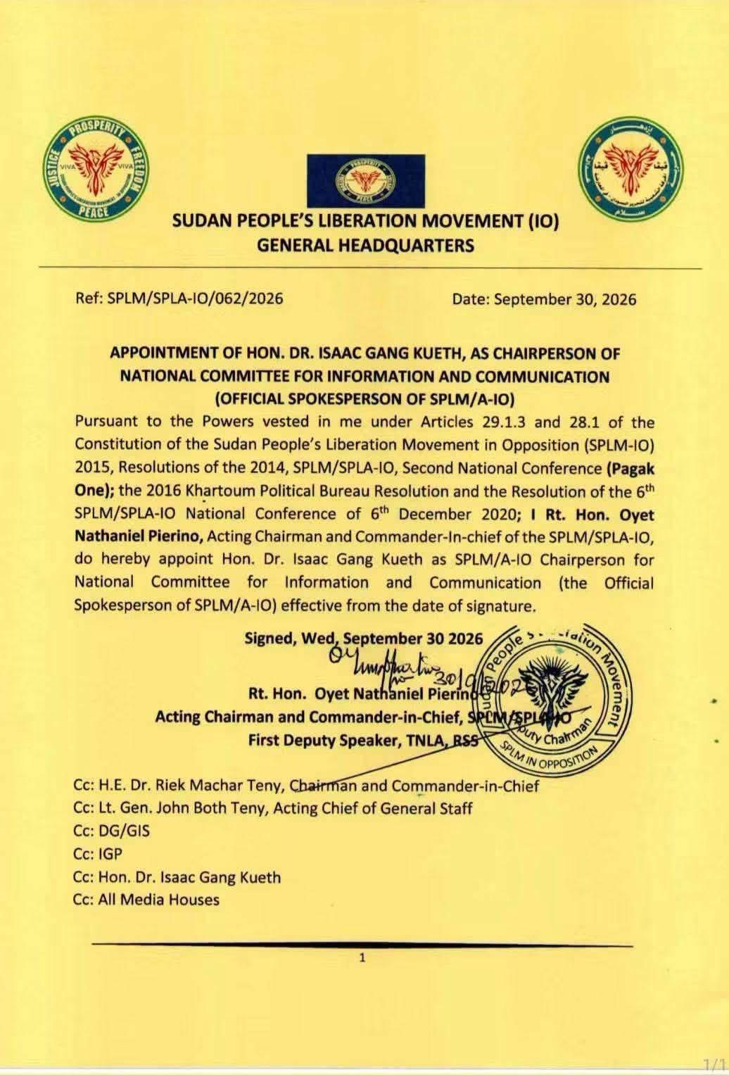 Image of a 30 September 2026 SPLM/A-IO letter appointing Dr. Isaac Gang Kueth to the information and communication committee