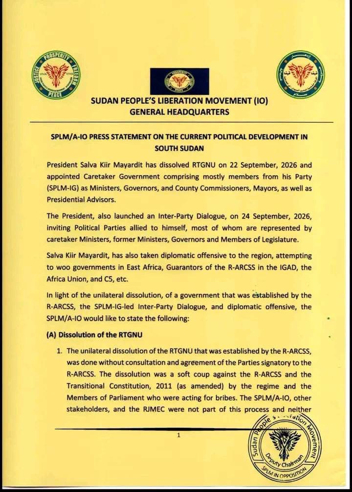 Supplied image of page 1 of a statement attributed to SPLM/A-IO, dated 9 October 2026