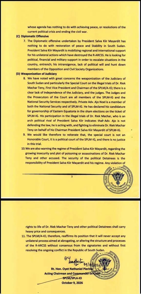 Supplied image showing page 3 and the closing portion of page 4 of the statement attributed to SPLM/A-IO