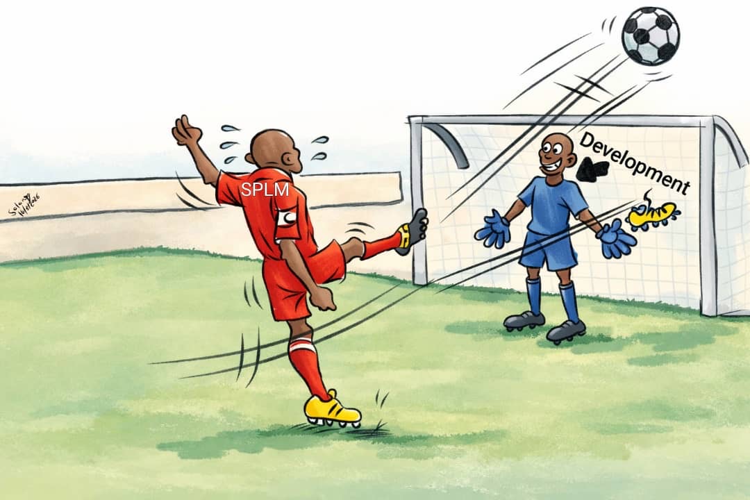 Cartoon of a footballer labelled SPLM kicking a ball over a goal marked Development