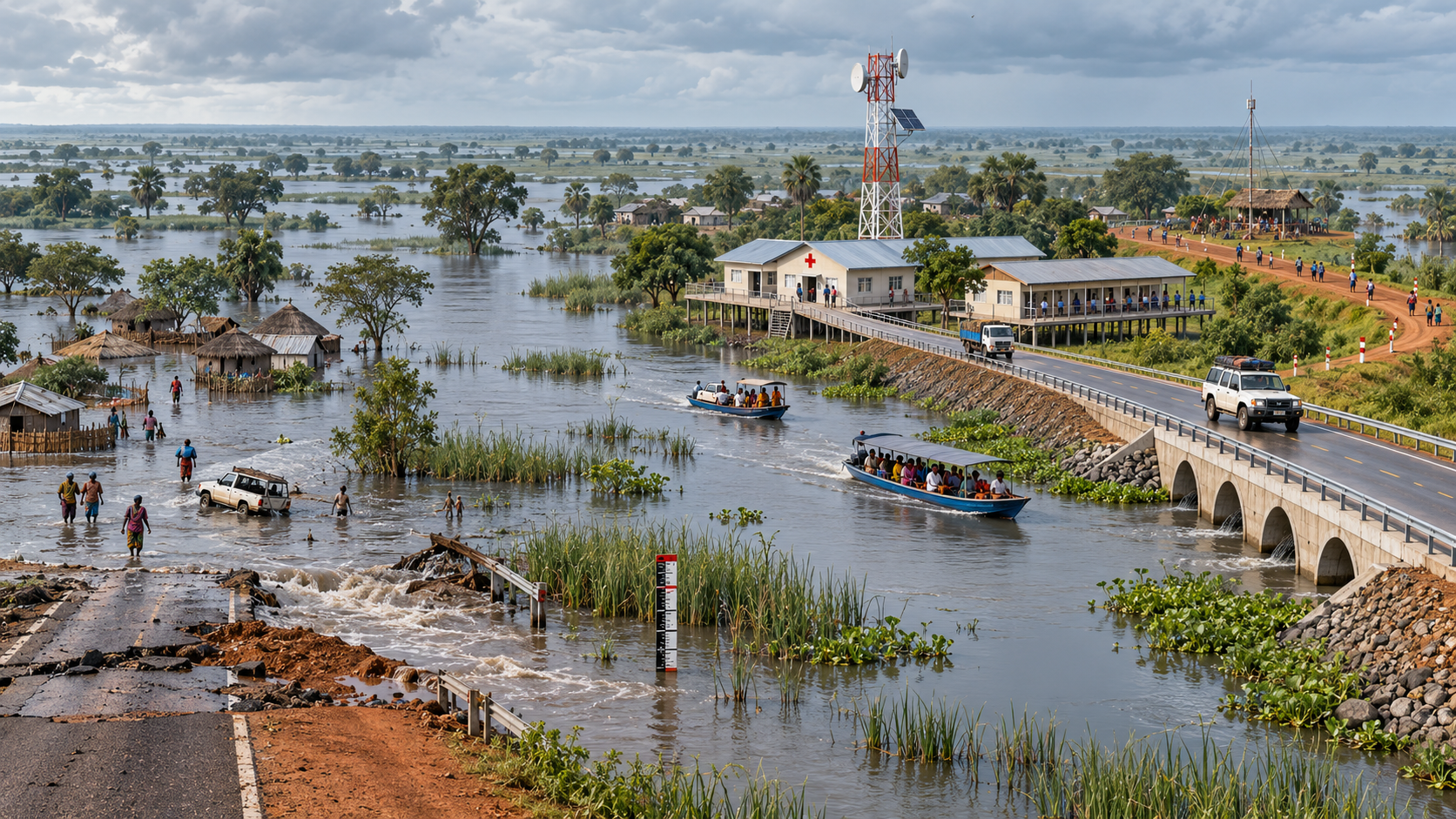 Illustration comparing flood-damaged infrastructure with elevated roads and connected services